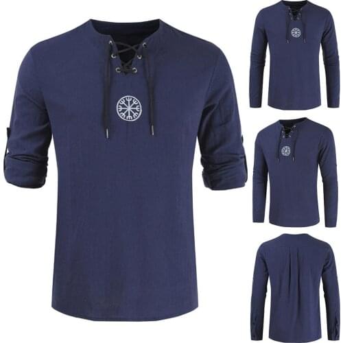 Men Plus Size Shirt Top T-Shirts Men Ancient Viking Embroidery Lace Up V Neck Long Sleeve Shirt Top For Mens Clothing