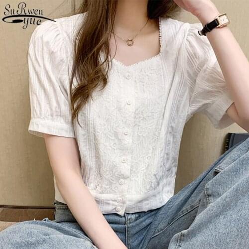 Solid Cardigan Shirts for Women White Tops Blusas Mujer 2021 Summer Square Collar Cotton Lace Women Blouse Office Lady 9777