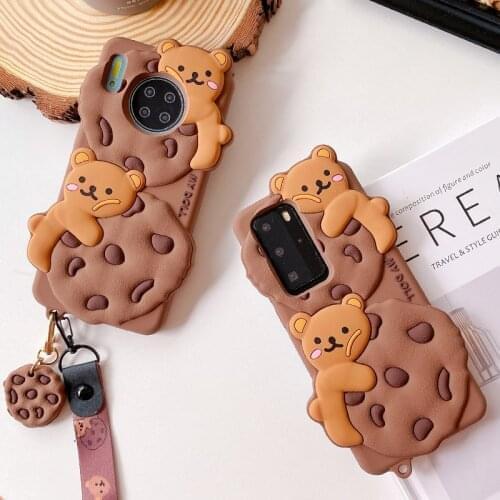 Cute Cartoon Chocolate Cookie Bear Case for Vivo X27 X21S U3 U3X Y11 Y17 Y19 Z3 Z5 V9 Biscuit Soft Silicone Lanyard Rope Cover