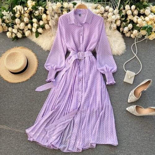 JulyPalette Vintage French Lantern Sleeve Dress Elegant Women Dot Chiffon Pleated Dress with Belt Holiday Female Maxi Vestidos