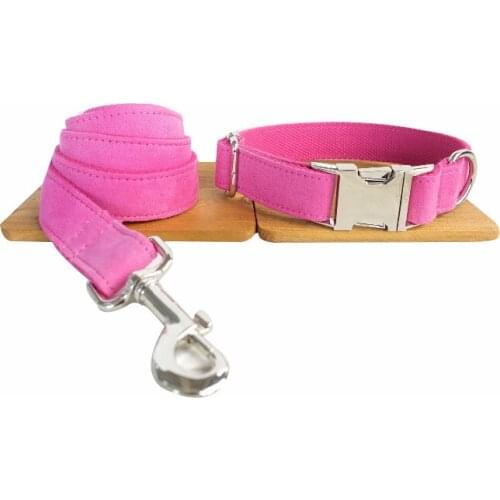Customized Dog Collar Engraved Puppy ID Tag Leash Collar Set Adjustable Outdoor Solid Canvas Pet Collar Leash THE PINK