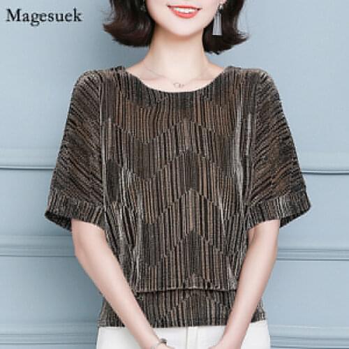 New Summer Glitter Short Sleeve Female Shirt Tops Shiny Sequin Blouse Femme Loose Shine Plus Size Women Shirts Blouses 10127