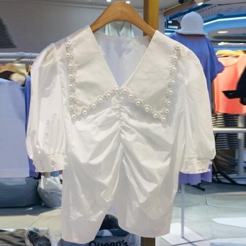 Fashion Design Beaded Women White Shirts Summer New 2021 Turn-Down Collar Short-Sleeved Elegant Office Lady Pulls Outwear Tops