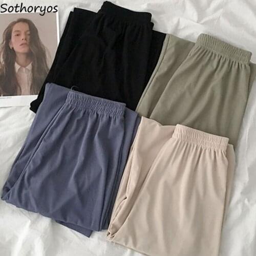 Sleep Bottoms Women Solid High Waist Mopping Loose Korean Style Elastic Females Home Wear Sleepwear Trousers Ins Casual Simple