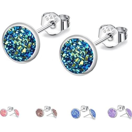 Womens Simple Korean Fashion Stud Earrings Silver Color Ears Jewelry Round Drusy Rhinestone Small Piercing Earring for Women