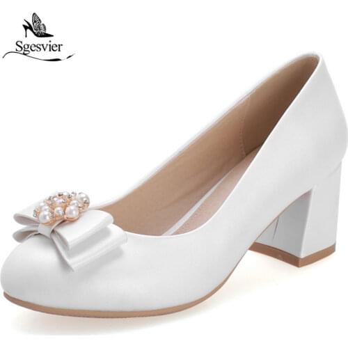 SGESVIER 2019 Spring New Round Toe pearl Womens Pumps Thick Heel Bowtie wedding shoes ladies party dress shoes size 33-42 G35