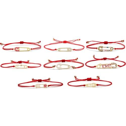 White Cubic Zirconia Copper Safety Pin Charm Bracelet Women 2021 Red Heart CZ Crystal Keep Life Health Black String Jewelry Gift