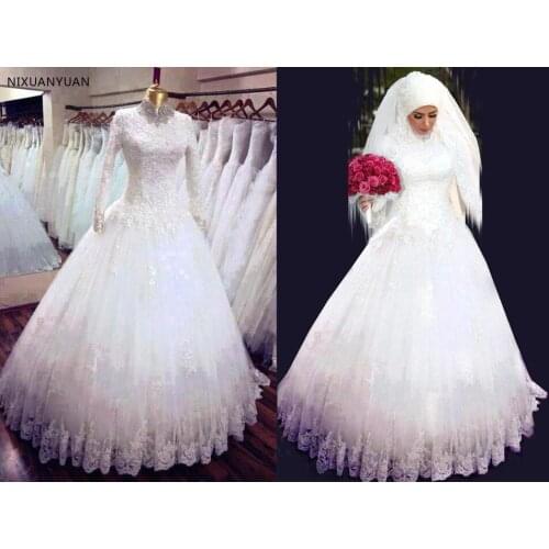 2021 Long Sleeves Muslim Wedding Dress High Neck Lace Long robe de mariage Islamic Arabic Wedding Dresses Vestido De Novia