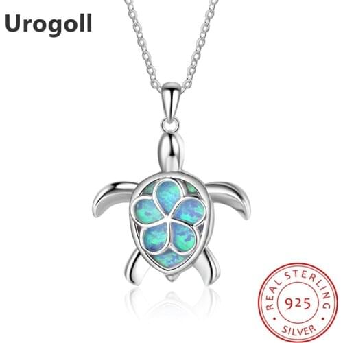 Genuine 925 Sterling Silver Fine Jewelry Blue Opal Classic Turtle Pendant Necklaces For Women Anniversary Silver 925 Jewelry
