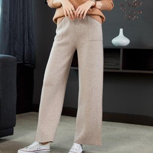 100% wool knitted wide-leg pants women autumn and winter high-waist straight-leg pants thickened outer wear loose womens pants