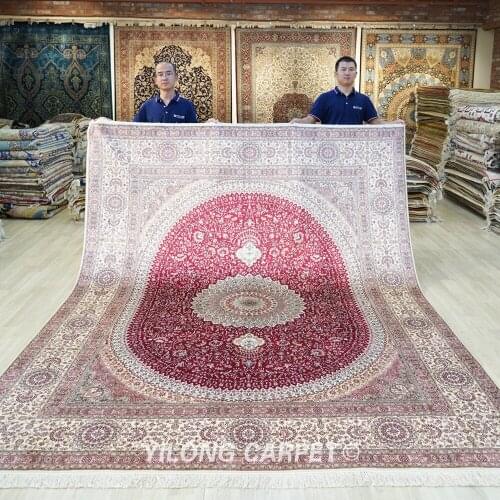 Yilong 8'x10' Handknotted Silk Persian Carpet Floor Decor Kashmir Red Silk Rug (LH180A8x10)