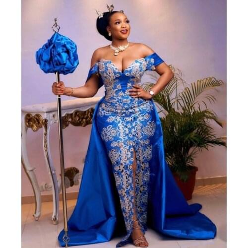 Aso Ebi Mermaid Evening Dresses Blue Off Shoulder Overskirt Prom Dress Plus Size Women Formal Gowns Front Split robe de soirée