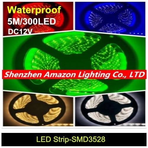 Free shipping high brightness IP65 Waterproof 5M 3528 LED Strip Light 300 LED DC 12V LED tape ribbon
