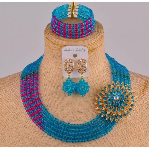 Turquoise blue and fuchsia pink african set fashion jewelry set nigerian wedding crystal beads jewelry set CS01