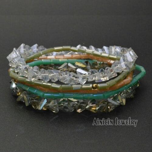 Shine Jewelry Crystal Glass Triangle Beads Elastic Thread Multi-layers Fashion Women Bracelets Birthday Gift 24sets/lot