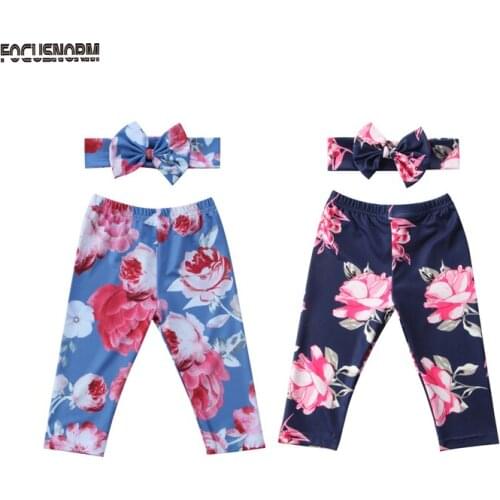 Kids Baby Girls Floral Clothes Bottoms Leggings Pants Flowers Print Elastic Waist High Waist Toddler Trousers +Headband