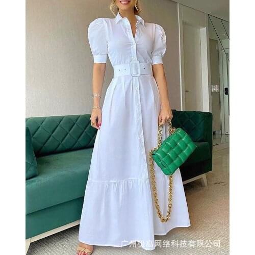 European and American womens white puff sleeve shirt dress-with belt