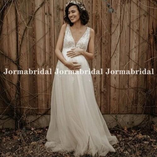 Plunging Tulle Pregnant Boho Wedding Dress With Beading V-Neck Floral Appliques Beach Bridal Dresses Long Summer Bride Gowns