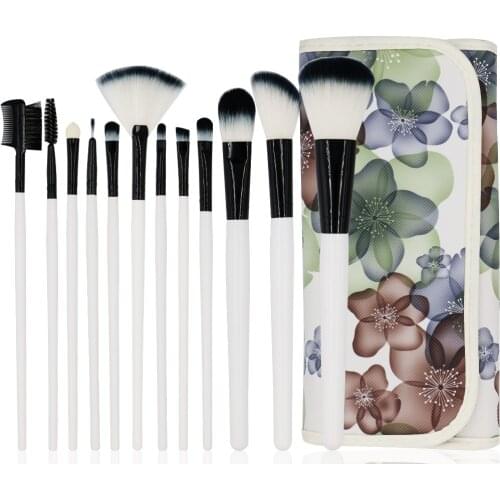 12pcs White Handle Makeup Brush with Flower Bag Professional Soft Hair Foundation Blush Concealer Make Up Brushes Cosmetic Tools