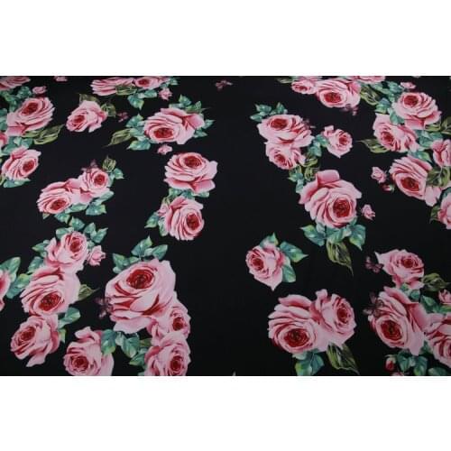 LEO&LIN New Black Red flower Elastic Imitation Ma Rose Printed Clothing Handmade Diy Dress Patchwork Sewing Cloth 50cm