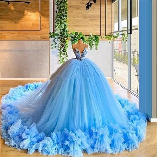 Sky Blue Puffy Prom Dresses Long Ball Gown Party Dress Abendkleider Tulle Dresses Woman Party Night Evening Dress