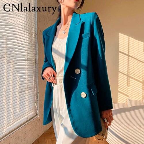 CNlalaxury New Woman Blazer Coat Blue Solid Turn Down Collar Long Sleeve Elegant Jackets Loose Office Lady Style 2021 New Autumn