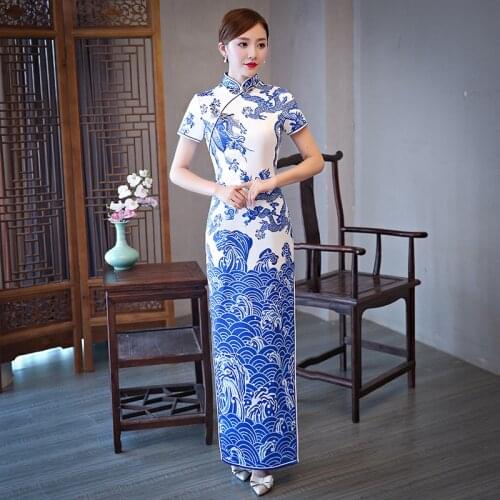 Autumn Women Embroidery Cheongsam Long Chinese Party Dress Fashion Slim Elegant Qipao Vintage Chinese Traditional Gown Plus Size