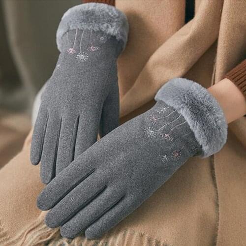 Female touch screen gloves faux rabbit fur embroidery warm gloves winter plus velvet thick windproof cycling driving mittens E86