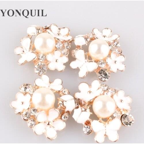 20Pcs/Lot 24*25 MM Size Metal Crystal Flower Pearl Button For Wedding Handmade Clear Alloy Rhinestone Flatback Buttons MYQB009