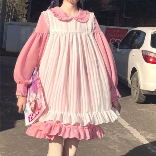 Japanese Sweet Pink Lolita Op Dress Gothic Soft Girl Cute Vintage Ruffle Maid Cosplay Black Dress Women Kawaii Two-Piece Dresses