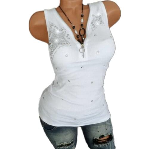 S-5XL Womens T Shirts Cotton Casual Diamond Slim Zip Sexy V Neck Sleeveless Top Tunic Tee Shirt Femme Camisetas Mujer Plus Size