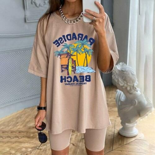 1pcs Beach on Vacation Paradise chic Women printed Short sleeve Boho Cotton T-Shirt Top Girl Tops Cute beach bohemian Tee Shirts
