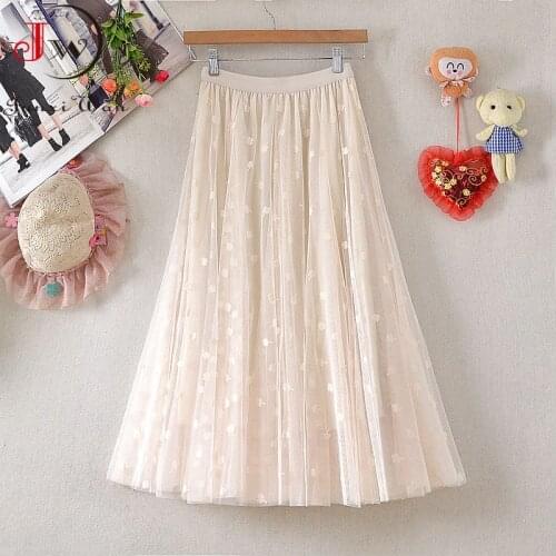 Women Summer Embroidery Lace Mesh Pleated Skirt 2021 Spring Solid Elastic Waist Korean Elegant Office Midi Skirt Vacation Robe