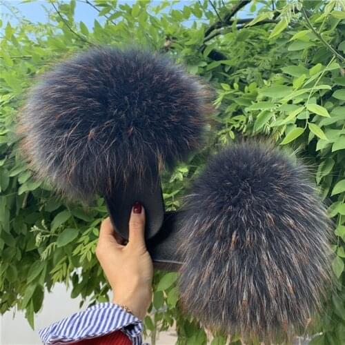 Real raccoon furSlippers 2021 New Fashion Comfort Flat Sandals Fluffy Slides Women