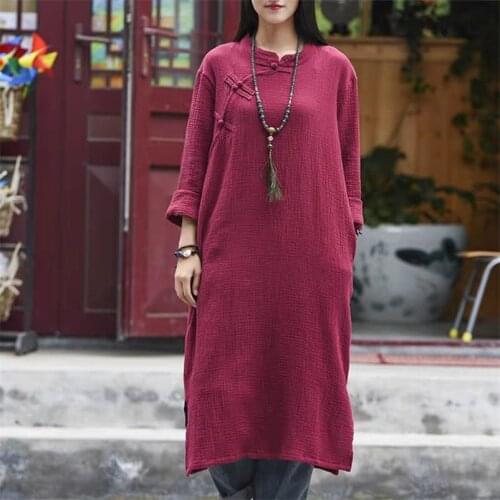 Cotton Linen Chinese Style Women Summer Dress 2020 Casual Button Pocket Long Sleeve Straight Dresses Plus Size Vestidos M-6XL
