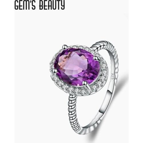 GEMS BEAUTY 925 Sterling Silver Natural Amethyst Rings 2021 Style Oval Petite Halo Handmade Rings For Women Couple Gift