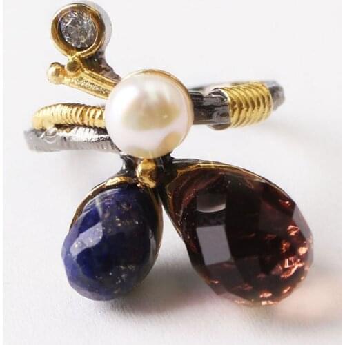 Blue Lapis Lazuli and Brown Pearl Zircon Gold Plated Womens Silver Ring, Woman 925 Silver Zircon Handmade Ring, MultiColor