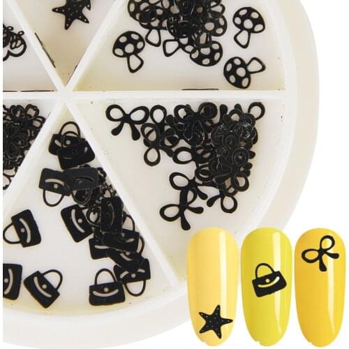 1 Wheel Nail Art Sequins Mixed Black Hollow Flower Flakes Slice Star Mushroom Heart Bow-knot UV Gel Acrylic Tips DIY Decoration