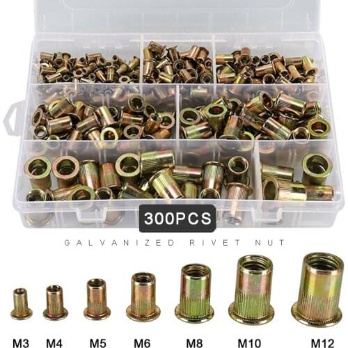 300PCS M3-M12 Rivet Nut Assortment Kit Carbon Steel Zinc Plated Multi Size Sleeve Nuts Flat Head Rivet Nuts Set Hardware Parts
