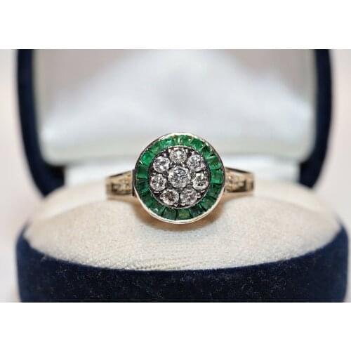 ANTIQUE ART DECO STYLE 14K GOLD NEW MADE NATURAL DIAMOND CALIBER EMERALD RING