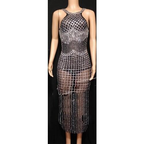 Flashing Silver Rhinestones See Through Black Dress Bar Prom Party Birthday Celebrate Dress Dance Outfit Long Dresses DWY2921