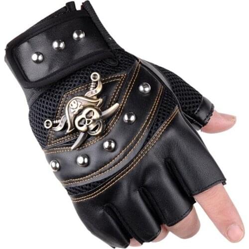 Pirate Captain Fingerless Black Leather Gloves