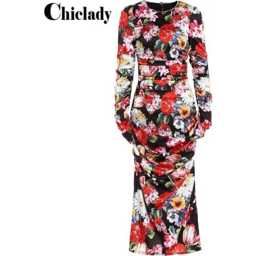 CHICLADY Women Spring Summer Dress Runway Fashion Long Sleeve Floral Printed Draped Slim Elegant Vintage Vacation Midi Dresses