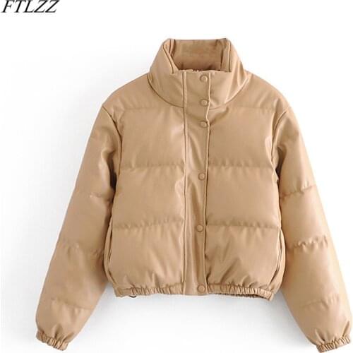 FTLZZ Autumn Winter New Women Faux Leather Cotton Coat Stand Collar Zipper Loose Warm Short Parka Streetwear Black Jacket