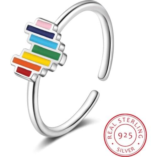 Genuine 925 Sterling Silver Minimalist Ring For Women Wedding Rainbow Heart Fine jewelry Cute Valentines Day Gift