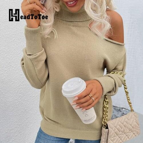 Solid Long Sleeve Turtleneck Sexy Off Shoulder Knitted Tops Women Sweaters