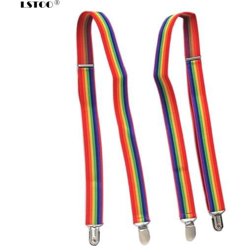 No Cross Suspender Women 2.5CM Wide Elastic Rainbow Striped Men Suspenders 4 Strong Clips on Adjustable Adult Kids Size