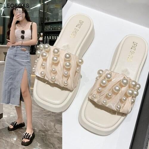 Sandals Womens Summer Fashion 2021 Muffin Thick Bottomed Flip Flop Pearl Flat Bottomed Beach Casual Slippers
