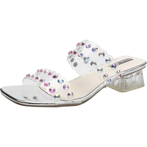 Crystal Sexy Ladies Shoes Women Shoes Woman Mules Clear Transparent Slippers New Summer Rivet Thick Heels Casual Shoes Plus Size