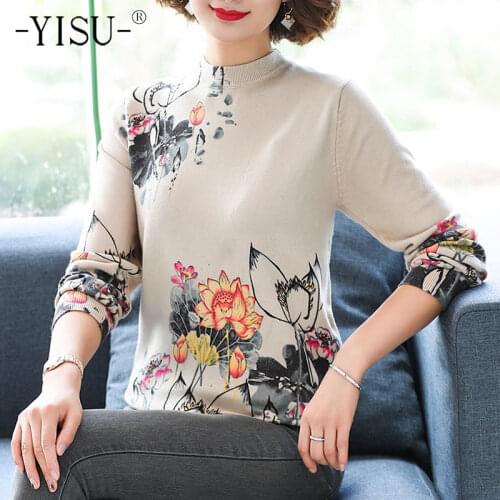 YISU Half Turtleneck Sweater Women Autumn Winter Loose Tops Long sleeve Knitted Pullover Casual Jumper Printed Sweater Female
